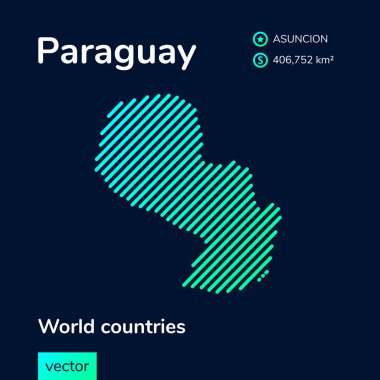 Vektör yaratıcı neon düz çizgi sanat soyut basit Paraguay haritası yeşil, nane, turkuaz çizgili koyu mavi arkaplan. Eğitim bayrağı, Paraguay 'la ilgili poster