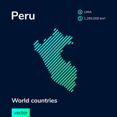 Peru haritası. Vektör yaratıcı neon düz çizgi sanat soyut basit harita yeşil, nane, turkuaz çizgili dokuya sahip koyu mavi arkaplan. Eğitim afişi, Peru hakkında poster.