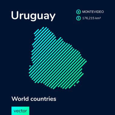 Vector creative digital neon flat line art abstract simple map of Uruguay with green, mint, turquoise striped texture  on dark blue background. Educational banner, poster about Uruguay
