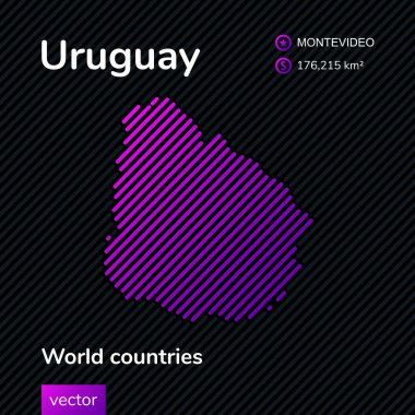 Vektör yaratıcı dijital neon düz çizgi sanat soyut basit Uruguay haritası mor, pembe çizgili siyah arkaplan. Eğitim bayrağı, Uruguay 'la ilgili poster