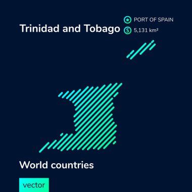 Vector creative digital neon flat line art abstract simple map of Trinidad and Tobago with green, mint, turquoise striped texture  on dark blue background.