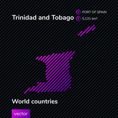 Vector creative digital neon flat line art abstract simple map of Trinidad and Tobago with violet, purple, pink striped texture  on black background. Educational banner, poster of Trinidad and Tobago