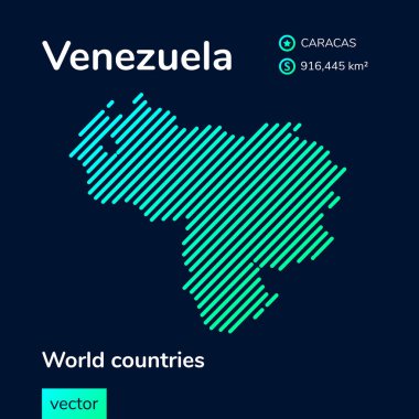 Vektör yaratıcı neon düz çizgi sanat soyut basit Venezuela haritası yeşil, nane, turkuaz çizgili koyu mavi arkaplan. Eğitici bayrak, Venezuela hakkında poster 