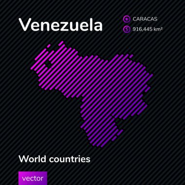 Vektör yaratıcı dijital neon düz çizgi sanat soyut basit Venezuela haritası menekşe, mor, pembe çizgili siyah arka plan. Eğitici bayrak, Venezuela hakkında poster