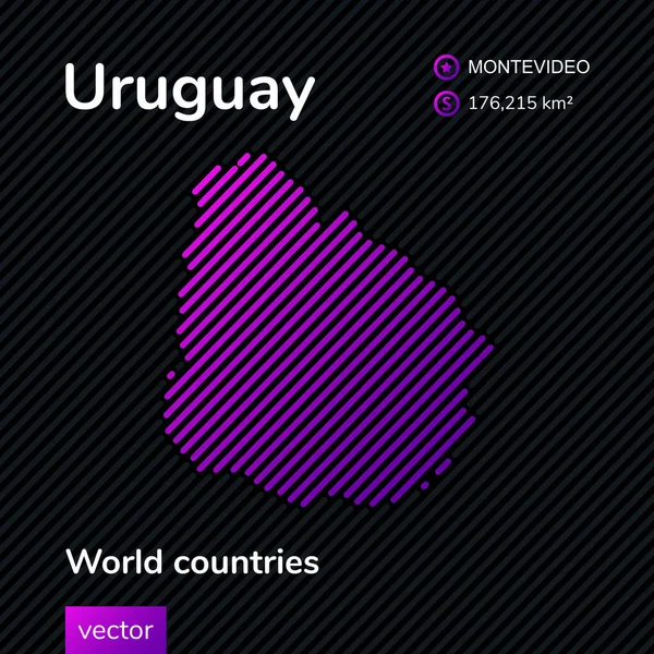 Vektör yaratıcı dijital neon düz çizgi sanat soyut basit Uruguay haritası mor, pembe çizgili siyah arkaplan. Eğitim bayrağı, Uruguay 'la ilgili poster