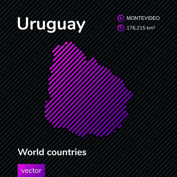 ベクトル創造的なデジタルネオンフラットラインアート黒の背景に紫 ピンクの縞模様のテクスチャとウルグアイの抽象的な単純な地図 教育用バナー ウルグアイに関するポスター — ストックベクタ