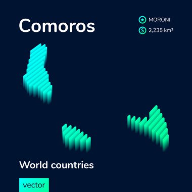 Stylize edilmiş çizgili vektör izometrik Komoros haritası. Komoros haritası koyu mavi arkaplanda neon yeşili ve nane renginde.