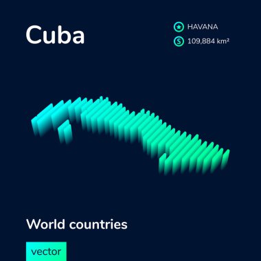3 boyutlu Küba 'nın stilize edilmiş izometrik vektör haritası. Küba haritası koyu mavi arkaplanda neon yeşili ve nane renginde.