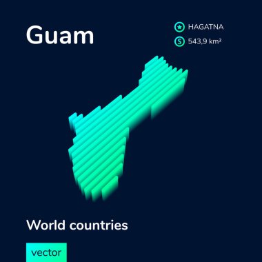 Çizgili izometrik neon vektör Guam haritası 3D etkiye sahip trend renklerinde. Coğrafya bilgi kartı, poster, afiş, şablon.