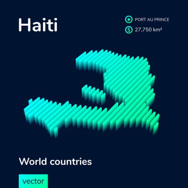 Stylize edilmiş neon izometrik çizgili Haiti haritası 3D etkisi var. Haiti haritası yeşil ve koyu mavi arkaplanda naneli renkler var.