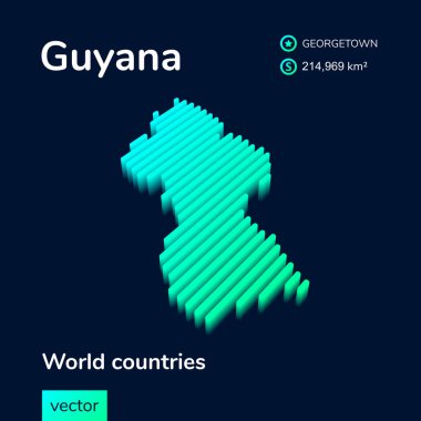Çizgili izometrik neon vektör Guyana haritası 3D etkiye sahip trend renklerinde. Coğrafya bilgi kartı, poster, afiş, şablon.