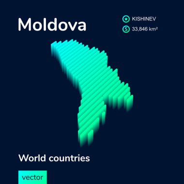 Koyu mavi zemin üzerinde turkuaz renklerde 3d vektör izometrik neon Moldova haritası. Moldova 'nın stilize edilmiş harita simgesi. Bilgi ögesi