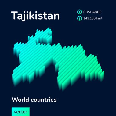Stilize edilmiş neon basit dijital izometrik çizgili vektör Tacikistan haritası, 3d etkisi var. Tacikistan haritası koyu mavi arka planda yeşil, turkuaz ve nane renklerinde.