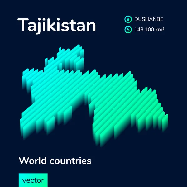 Stilize edilmiş neon basit dijital izometrik çizgili vektör Tacikistan haritası, 3d etkisi var. Tacikistan haritası koyu mavi arka planda yeşil, turkuaz ve nane renklerinde.