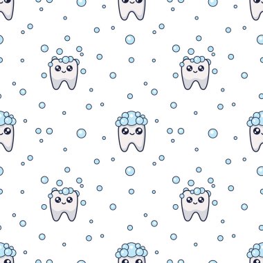 Cute Tooth Cartoon Character with foam of Toothpaste on Top seamless pattern. Happy Tooth texture for Children Dental Clinic. Dental Hygiene Concept