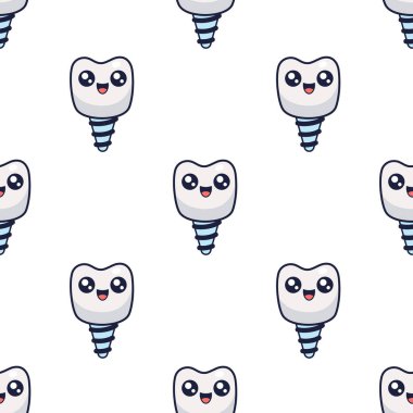 Mouth hygiene kawaii seamless pattern. Stomatology concept illustration. Oral hygiene, implantation, prosthetics textile design. Dental clinic. Vector
