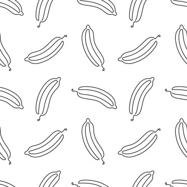 Tek sıra salatalık çizgi filmindeki dikişsiz desen. Beyaz arka planda besin sebzesi düz tekstil tasarımı. Doodle tarzında salatalık. Gıda dokusu sanatı