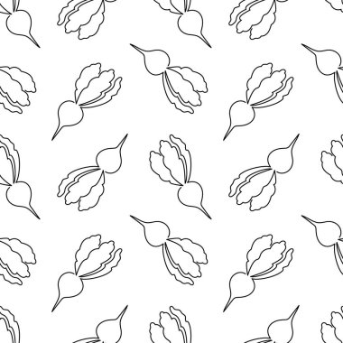 Tek çizgi turp karalaması kusursuz desen. Beyaz arka planda vektör gıda sebze düz dokusu. Doodle usulü turp. Satır sanatı