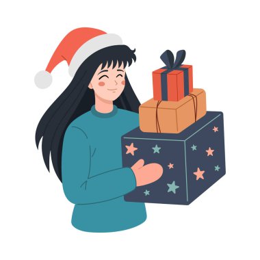 Noel, Manga stilistli Noel Baba şapkası takan ve hediye kutuları taşıyan bir kızla mutlu bayramlar kartı tasarımı. Noel kutlaması vektör illüstrasyonu. anime tarzı, düz tasarım.