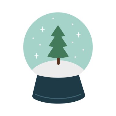 Noel ağacıyla birlikte cam kar küresi hatırası. Şirin Noel kış süslemesi I. Düz dizayn, çizgi film tarzı.