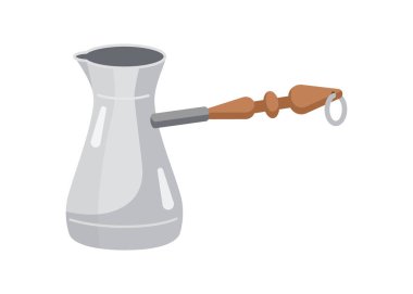 Türk kahve demliği, kahve yapmak için ahşap saplı Cezve. Vektör illüstrasyonu beyaza izole edildi. Çizgi film tarzı. Düz tasarım