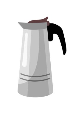 Kahve yapmak için siyah plastik saplı metal kahve demliği. Çizgi film tarzı, düz dizayn. Vektör çizimi. Kahve makinesi.