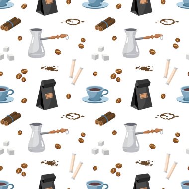 Kahve içmenin kusursuz bir düzeni var. Vektör bardakları, kahve çekirdekleri, Türk kahve demliği, tarçın çubukları, şeker, benekler. Vektör dokusu çizimi