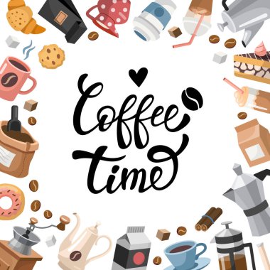 Yuvarlak kahve çerçevesi, kopyalama alanı. Kahve temasında farklı nesnelerle el çizimi çizgi film tasarımı ve el yazması Kahve Zamanı. Vektör illüstrasyonu