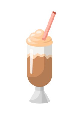 Saman ikonlu karikatür buzlu kahve. Süt kokteyli, sıcak çikolata, frappe, beyaz arka planda izole edilmiş bardakta milkshake. Vektör illüstrasyonu, düz tasarım