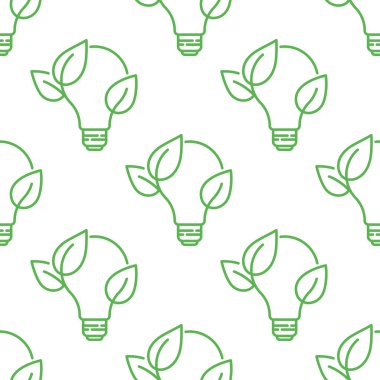Yeşil yapraklı, pürüzsüz desenli ampul ikonu. Yeşil enerji tasarımı. Yenilenebilir enerji için vektör çizimi. Taslak simge dokusu