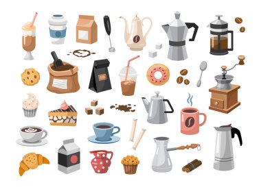 Kahve içecekler hazır. Vector cup, kahve çekirdekleri, Türk kahve demliği, tarçın çubukları, şeker, benekler. Vektör koleksiyonu