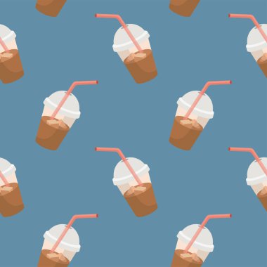 Bardakta buzlu, samansız saman desenli kahve içeceğiz. Çizgi film çizimi. Buzlu çay. Konsepti kaldır. Vektör. Düz tasarım