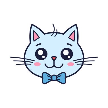 Papyonlu sevimli kawaii kedisi. Çocuk kıyafetleri tasarımı, cinsiyet partileri, bebek hediye kartları ve davetiyeler için illüstrasyon. Çizgi kedi karakteri, vektör