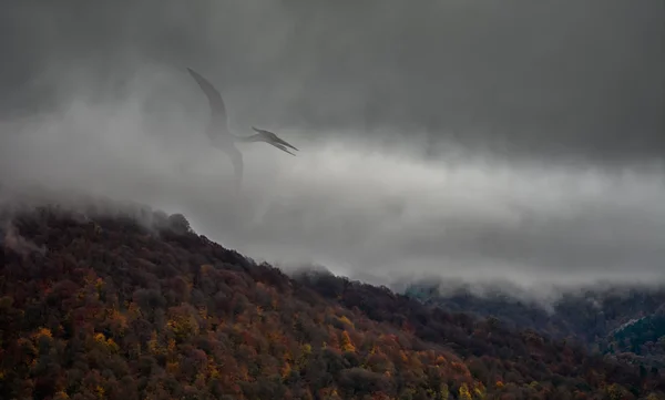 Птеродактиль в тумане на склоне горы — стоковое фото