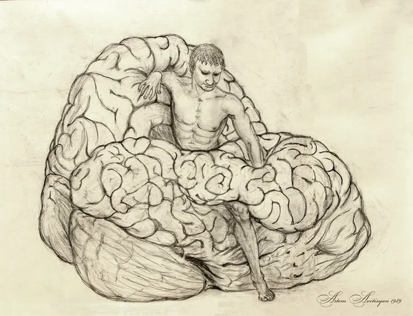 Desenho de lápis surreal do homem embaralhado a partir de um cérebro enorme, simbolizando a liberdade de pensamentos desnecessários — Fotografia de Stock