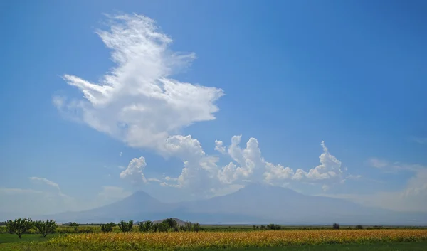Monte Ararat sob céu nublado e Mosteiro de Khor Virap Armênia — Fotografia de Stock