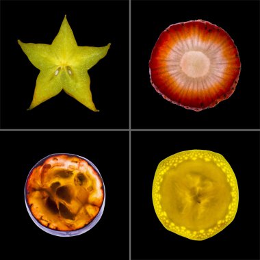 4 kare kolaj bölüm dilimleri karşı parlak ışık siyah arka plan üzerine izole meyve. carambola, çilek, böğürtlen ve muz
