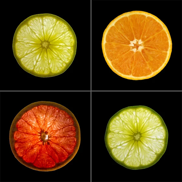Quadratische Collage aus 4 Zitrusfruchtschnitten gegen helles Licht isoliert auf schwarzem Hintergrund. Zitrone, Grapefruit, Orange und Limette — Stockfoto