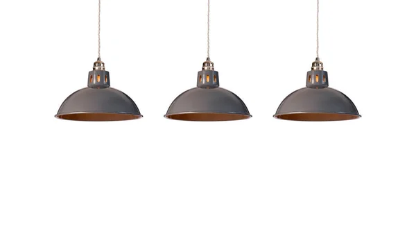 Drie Geëmailleerde Grijze Metalen Hanglampen Plafondlampen Studiolampen Fluorescentielampen Geïsoleerd Witte — Stockfoto