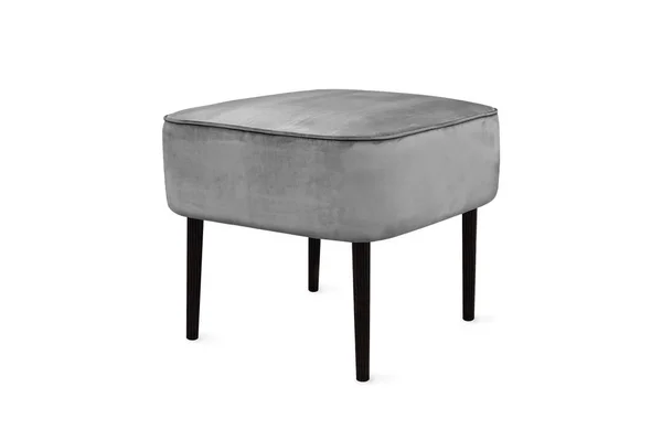 灰色天鹅绒填充物凳子黑色木制腿隔离在白色背景 家具系列 — 图库照片