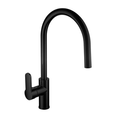 Fırçalanmış siyah metal mutfak kıvrımlı su musluğu beyaz arka planda izole edilmiş. Mutfak ve banyo için kömür siyahı fıskiye, iç tasarım.