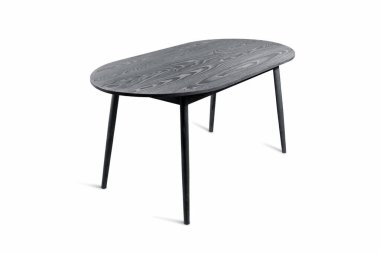 Beyaz arka planda siyah ahşap masa, oval yemek masası. Mobilya serisi