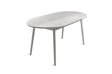 Beyaz ahşap masa, beyaz arka planda, oval yemek masasında izole edilmiş. Mobilya serisi