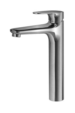 Fırçalanmış nikel metal banyo musluğu beyaz arka planda izole edilmiş. Mutfak ve banyo için gümüş fıskiye, iç tasarım.