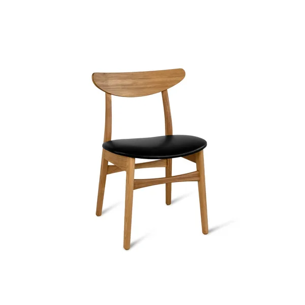 Drewniane Krzesło Czarnym Skórzanym Siedziskiem Białym Tle Seria Mebli — Zdjęcie stockowe