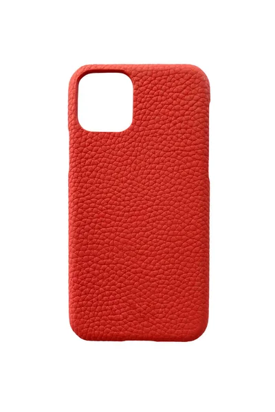Červené Kožené Pouzdro Pro Telefon Izolované Bílém Pozadí Zadní Pohled — Stock fotografie