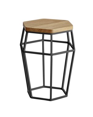 Tahta koltuklu orijinal bar sandalyesi ve beyaz arka planda izole edilmiş siyah metal altıgen tabanlı. Mobilya serisi