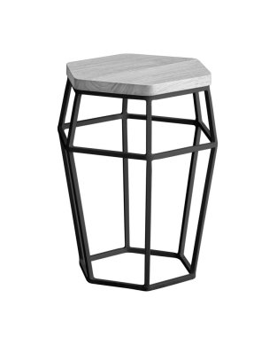 Beyaz ahşap koltuklu ve siyah metal altıgen tabanlı orijinal bar koltuğu beyaz arka planda izole edilmiş. Mobilya serisi