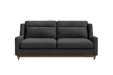 Beyaz arka planda izole edilmiş tahta bacaklı siyah kumaş kanepe. Mobilya serisi