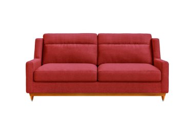 Beyaz arka planda izole edilmiş tahta bacaklı kırmızı kumaş kanepe. Mobilya serisi
